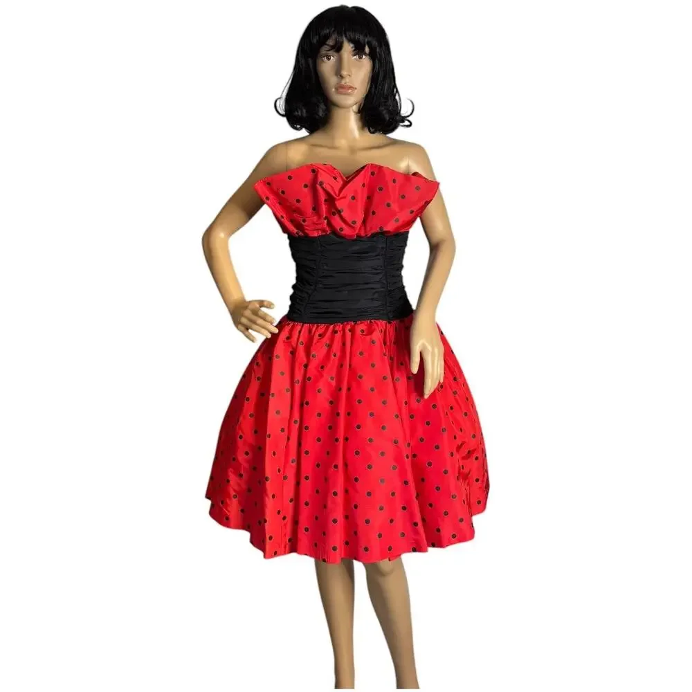 1980s Vintage Red Black Polka Dot Strapless Party Dress XS